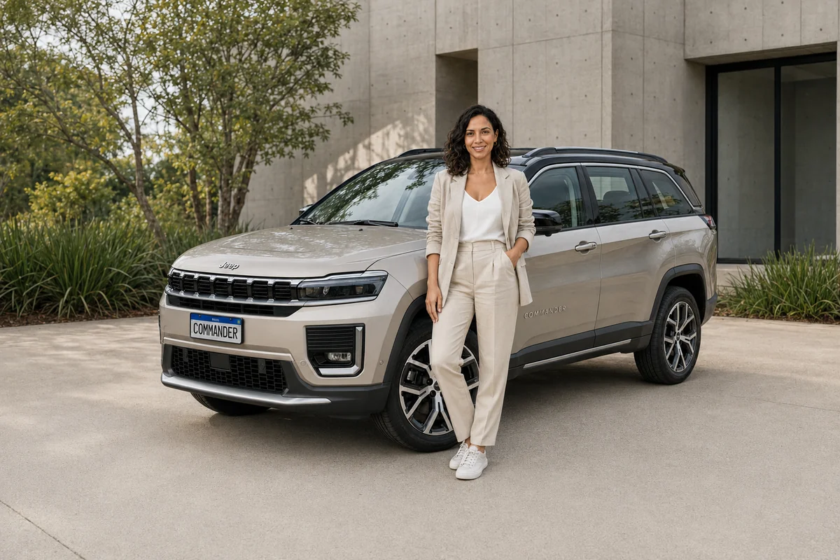 Mulher ao lado de um Jeep Commander