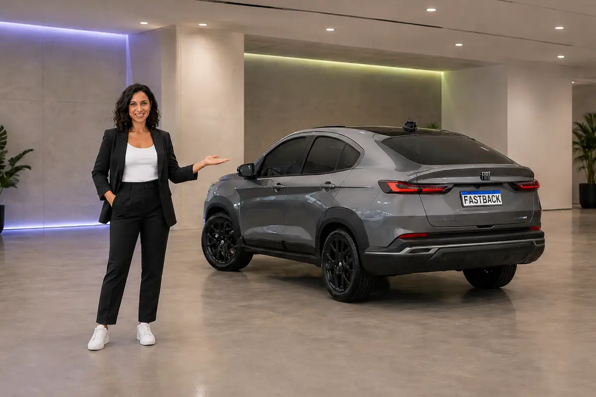 Mulher ao lado de um Fiat Fastback