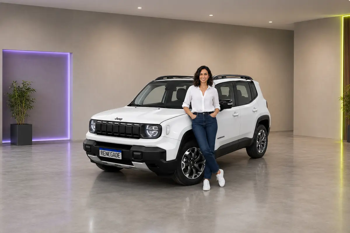 Mulher ao lado de um Jeep Renegade